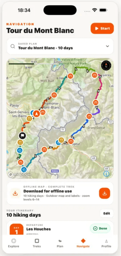 L’application Topok affichant un itinéraire de trek complet